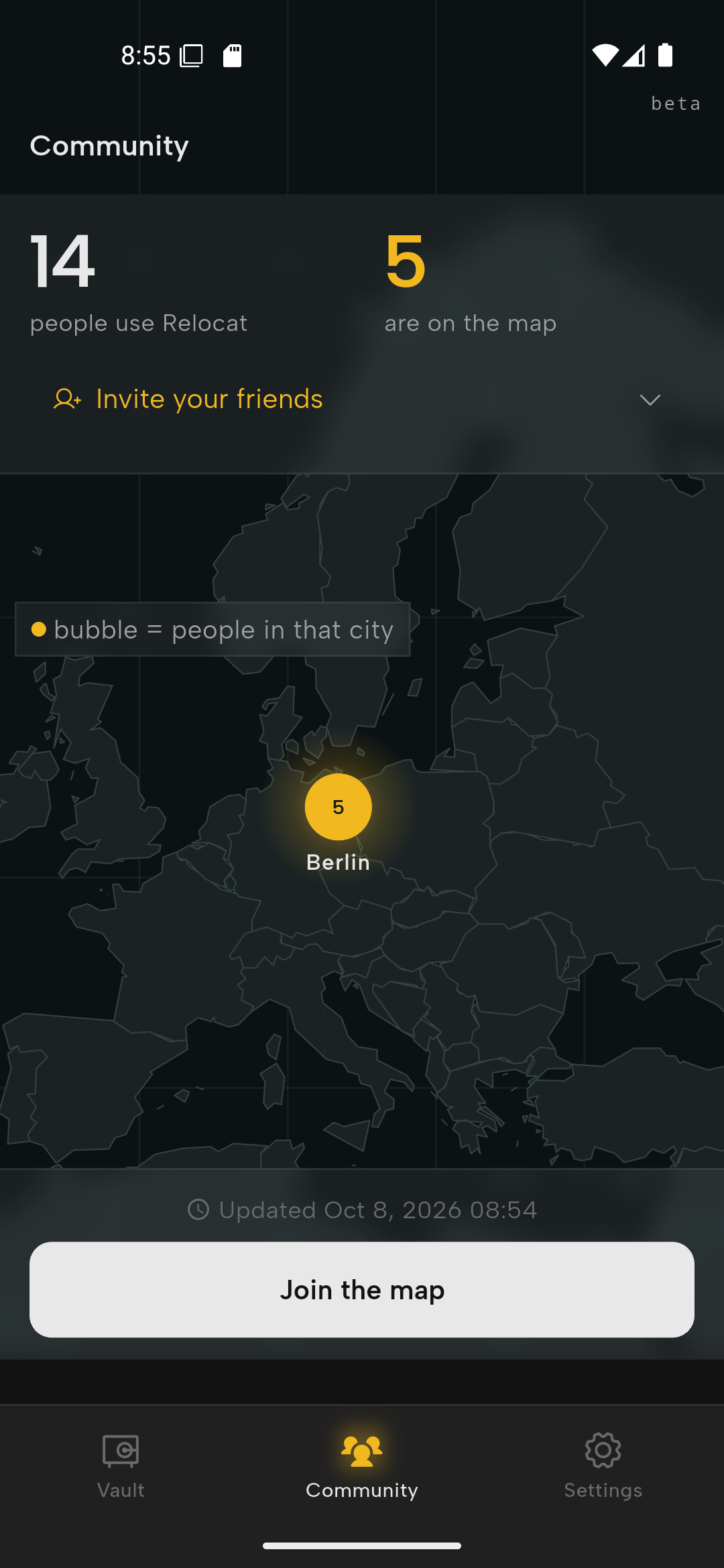 Community Map of Europe with city bubbles showing how many members live there.