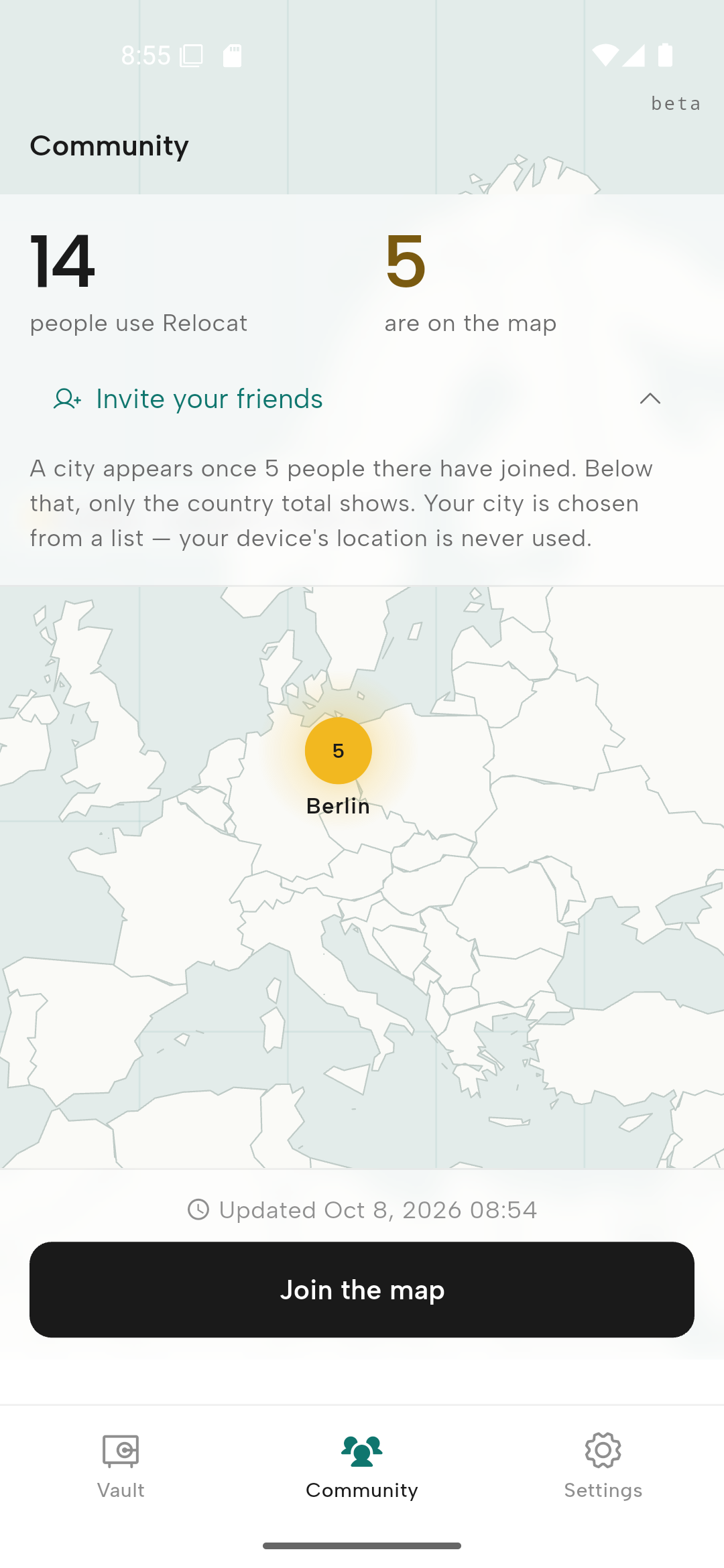 Community Map explaining that a city appears only once five people there have joined, and that device location is never used.