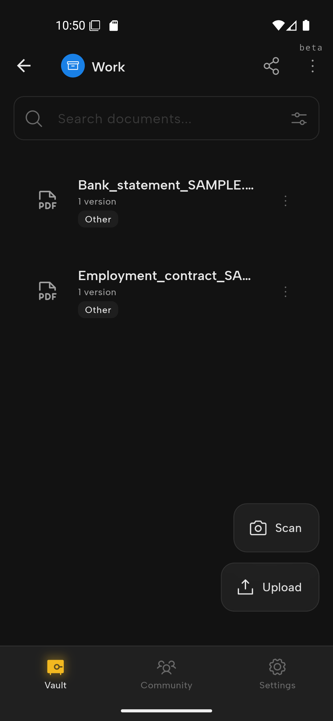 A safe called Work holding a bank statement and an employment contract.