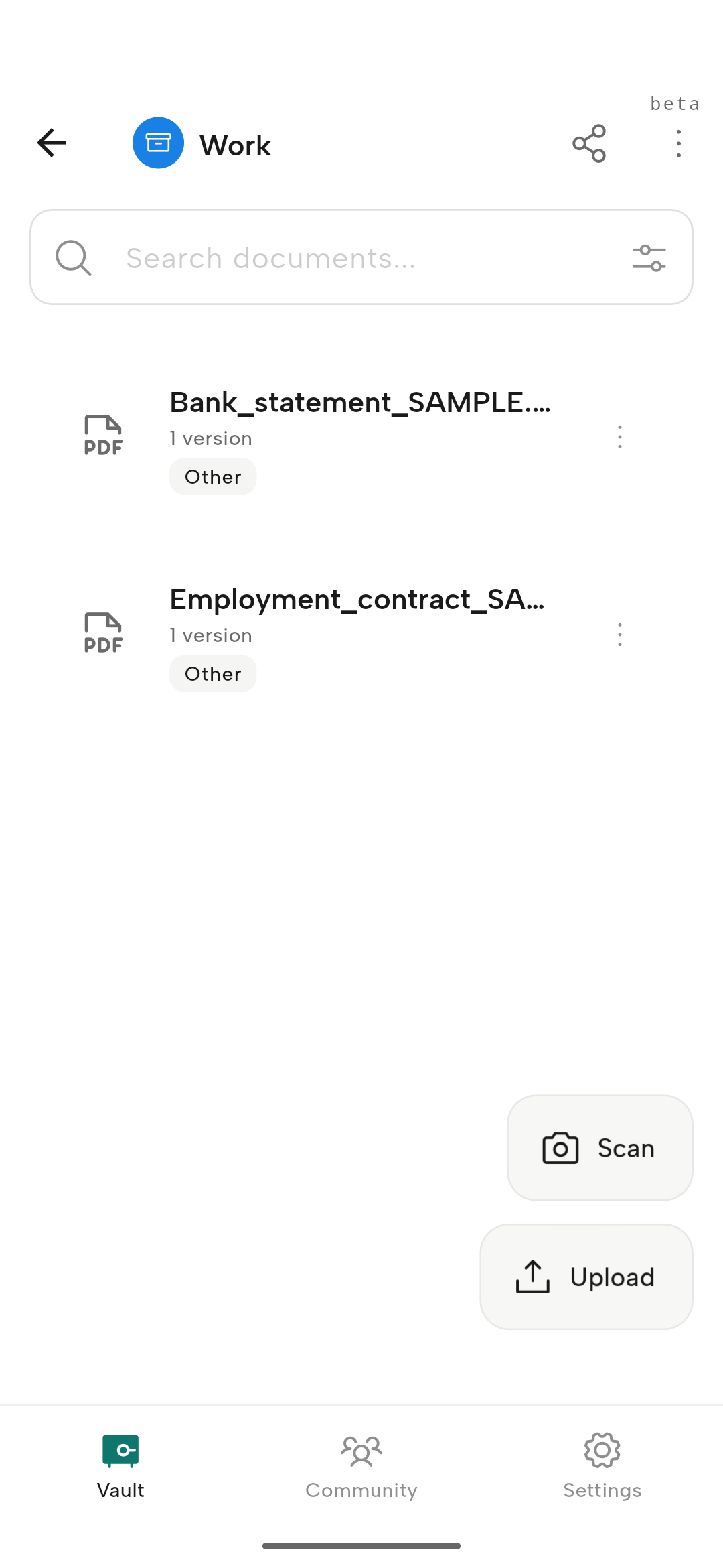 A safe called Work holding a bank statement and an employment contract.