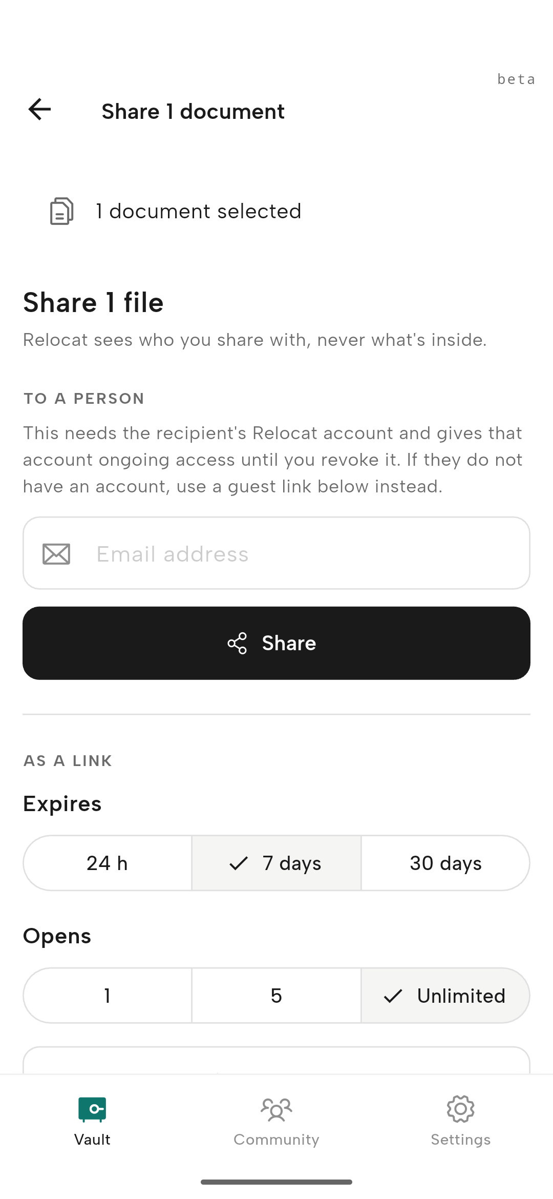 Sharing a document with a person or as a link that expires after 24 hours, 7 days or 30 days.